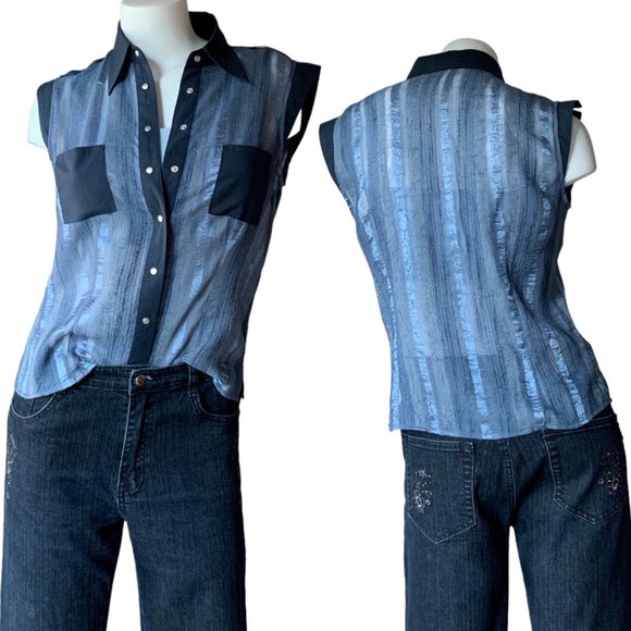 From Paris NEW w/o tags Bleu de Sym short sleeve semi-sheer button down top - Picture 1 of 7
